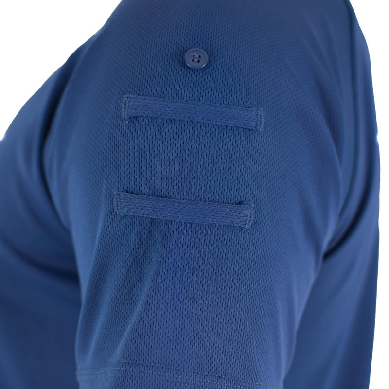 Close-up of blue breathable British police t-shirt sleeve with button and reinforced fabric detail