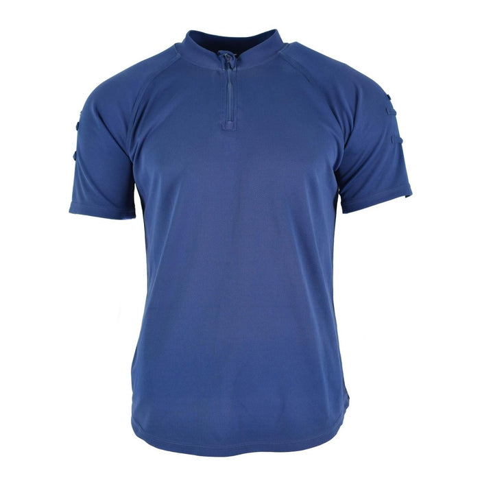 T-shirt originale della polizia britannica in tessuto traspirante blu con zip frontale, maniche corte e collo alto.