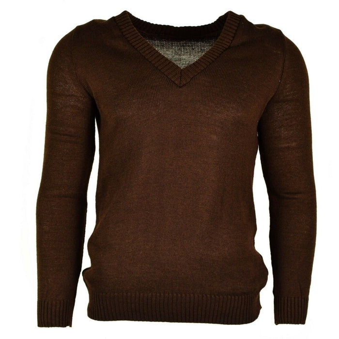 Maglione marrone con scollo a V originale dell'esercito bulgaro con polsini e orlo a costine, maglieria in stile militare resistente e calda.