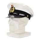 Original German Navy officers white peaked cap with black visor and gold insignia on white mannequin head