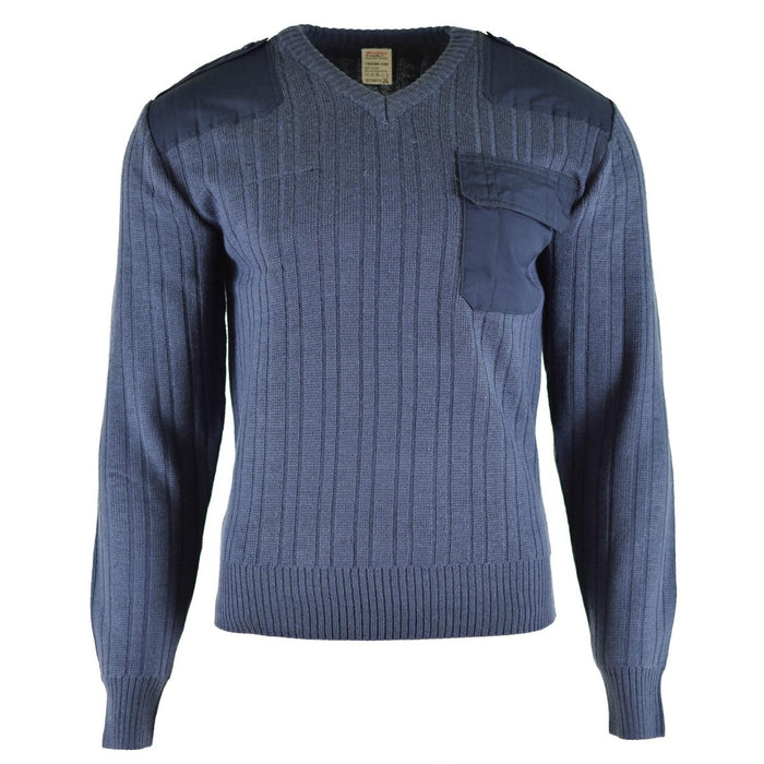 Maglione originale ceco in lana blu militare con scollo a V, taschino sul petto e spalle rinforzate, nuovo design surplus militare