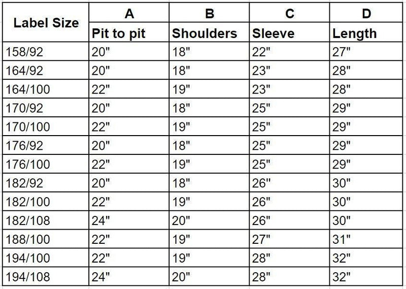 Size chart for Czech army field jacket showing measurements for pit to pit, shoulders, sleeve, and length in inches.