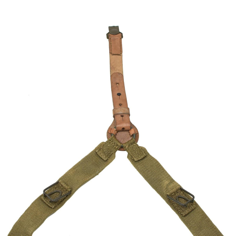 Original Czech Army Y-Strap canvas and leather military suspenders harness in olive green with durable metal buckles