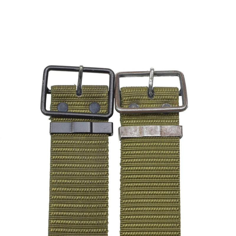 Two olive green original Czech military canvas belts with metal buckles displayed side by side on white background