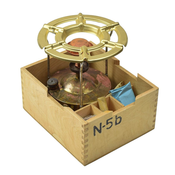 Vintage Czech military liquid fuel camping stove set with burner and pot stand in wooden storage box