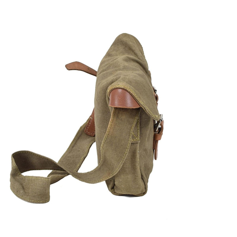 Original Czech military shoulder bag made of durable canvas with leather straps and vintage design side view