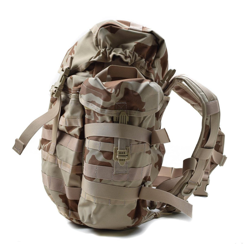 Original Czech Republic military 30L desert camo backpack with MOLLE system, quick-release straps, and multiple side pockets.