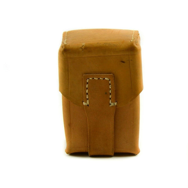 Original brown leather ammo magazine pouch from vintage Czech Serbian Yugoslavian army with button closure and sturdy stitching
