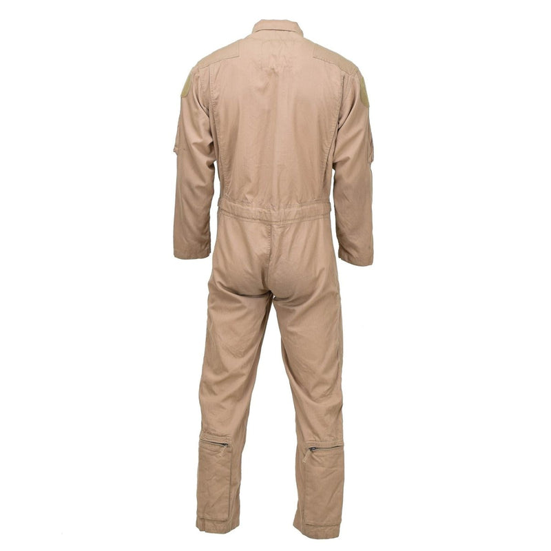 Back view of Original Dutch Army Air Forces khaki flight suit jumpsuit made from durable aramid fabric with long sleeves and utility pockets