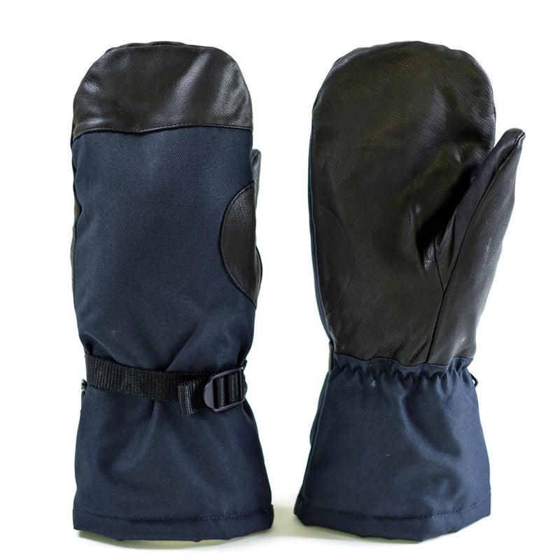 Original Dutch Army navy blue mittens with leather grip and adjustable wrists for extreme cold weather protection.