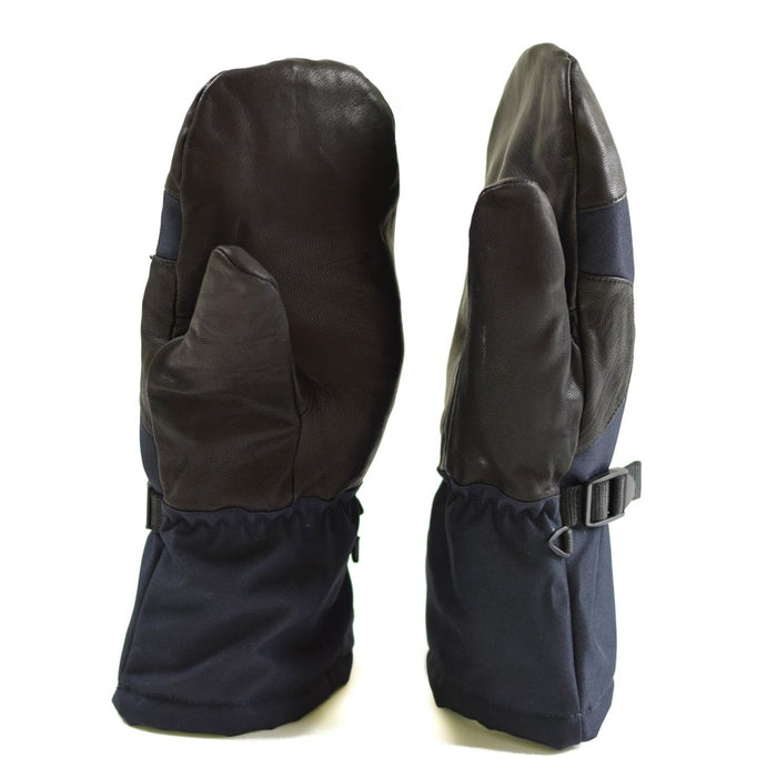 Guanti blu navy originali dell'esercito olandese con impugnatura in pelle e polso regolabile, progettati per climi freddi estremi.