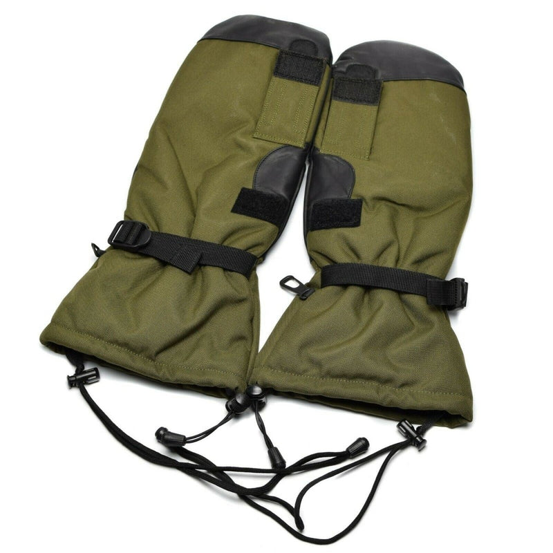 Original Dutch Army olive green Gore-Tex trigger finger mittens with leather palms and adjustable wrist straps for cold weather.