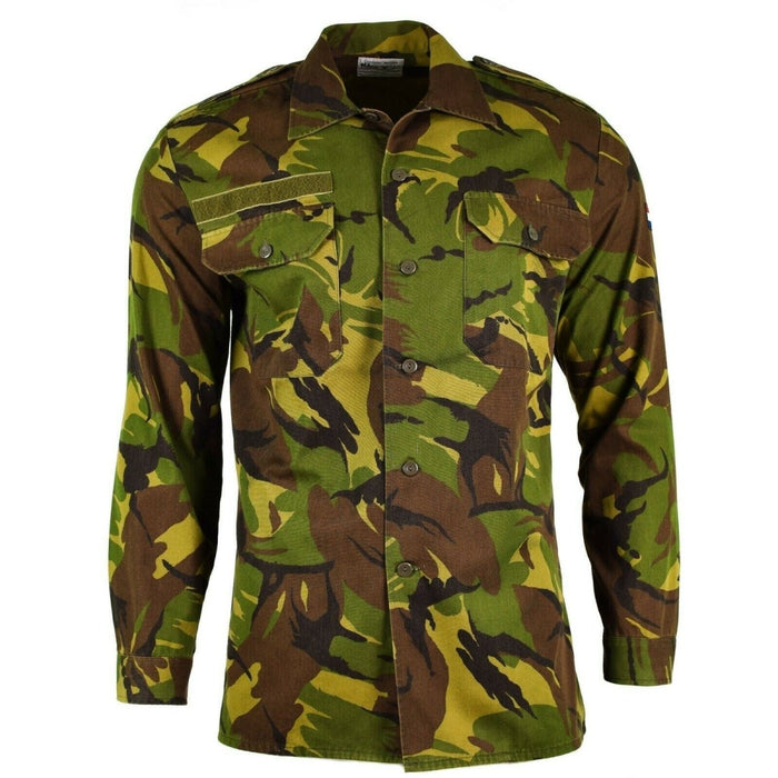 Camicia da combattimento mimetica DPM Woodland originale dell'esercito olandese M65 con maniche lunghe e chiusura frontale con bottoni