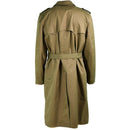 Back view of original Dutch army trench coat in khaki with belted waist and epaulets on shoulders