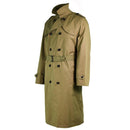 Original Dutch Army mens trench coat in khaki with double-breasted buttons, belted waist, epaulets, and lining for comfort.