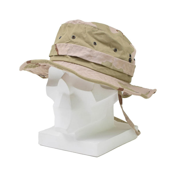 Original Dutch military boonie hat with desert DPM camouflage, wide brim, and neck strap for sun protection.