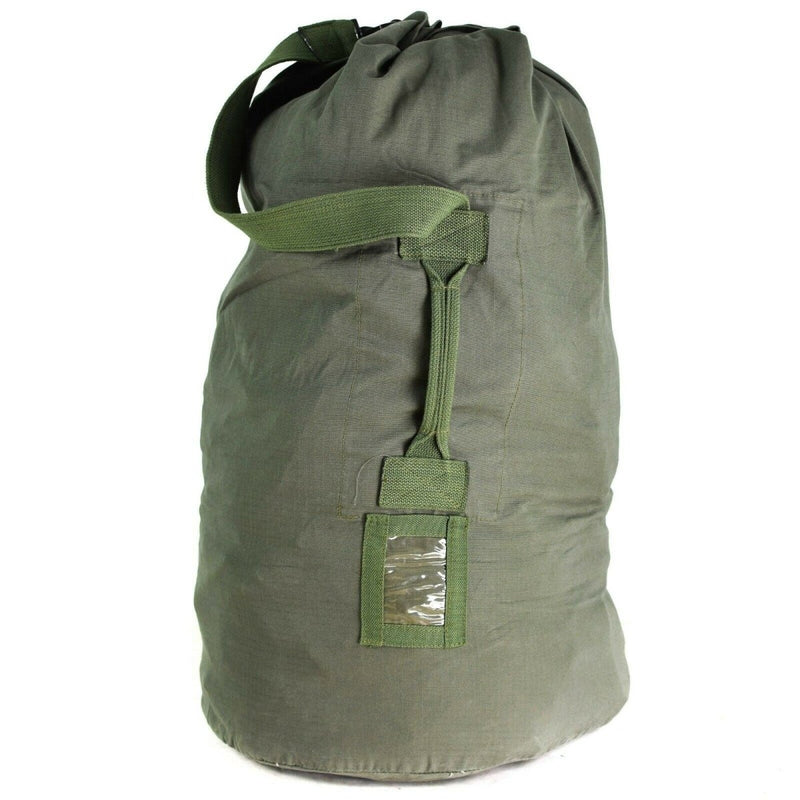Original Dutch military duffel bag in olive green, 100 liters capacity, durable ripstop canvas with carry straps.