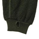 Close-up of olive green Dutch military fleece jacket sleeve with elastic cuff and thumb hole detail.