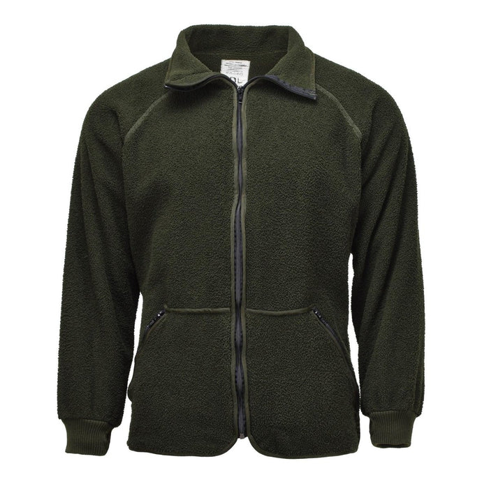 Giacca in pile militare olandese verde oliva con cerniera completa, colletto rialzato, polsini elastici e tessuto termico caldo e morbido.