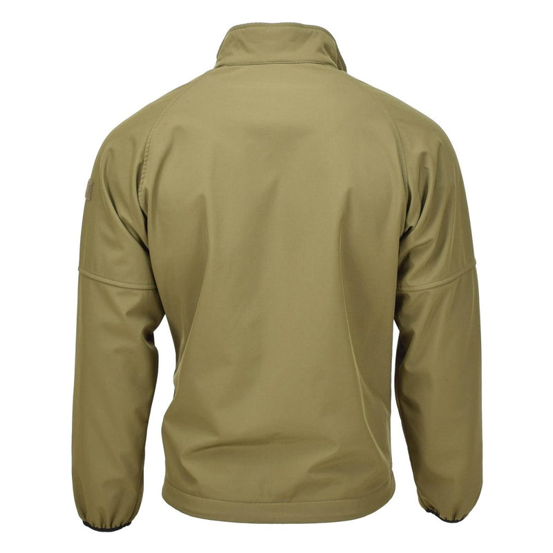Back view of olive green Original Dutch Military soft shell jacket with elastic cuffs and a high collar.
