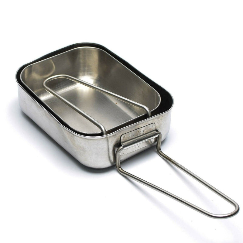Original Dutch Military stainless steel mess kit with two compartments and folding handle for outdoor cooking.