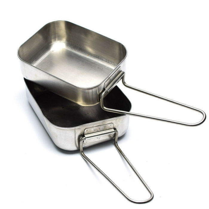 Kit di latta da 2 pezzi originale militare olandese in acciaio inossidabile con manici pieghevoli per cucinare all'aperto e in campeggio.