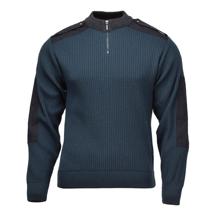 Pullover troyer blu originale militare olandese in maglia a costine in misto lana con zip a un quarto e gomiti rinforzati.