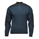 Blue original Dutch military wool-blend rib knit troyer pullover with quarter zip and reinforced elbows.