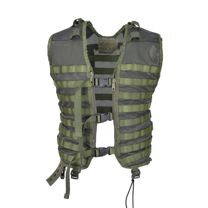 Gilet tattico MOLLE verde originale dell'esercito olandese con spalle rinforzate, spalline regolabili e pannelli in rete traspirante.