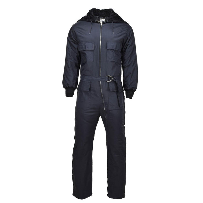 Tuta invernale militare nera originale olandese con cappuccio in pelliccia sintetica, tasche multiple, polsini regolabili e fibbia della cintura.
