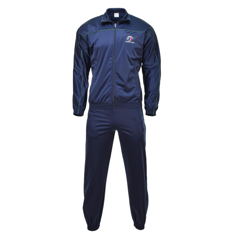Original French Army navy blue training tracksuit with zip jacket and elastic cuff trousers for activewear and outdoor use.