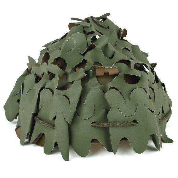 Copertura mimetica per casco militare francese originale in marrone oliva con cordino regolabile e clip in metallo per una vestibilità sicura.