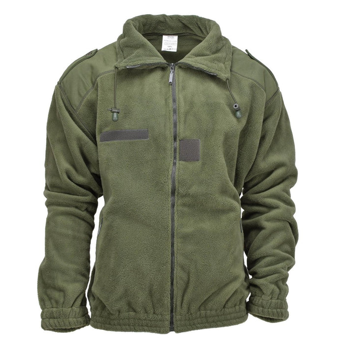 Giacca in pile verde oliva originale militare francese con collo alto, gomiti rinforzati e colletto regolabile per il calore all'aperto.