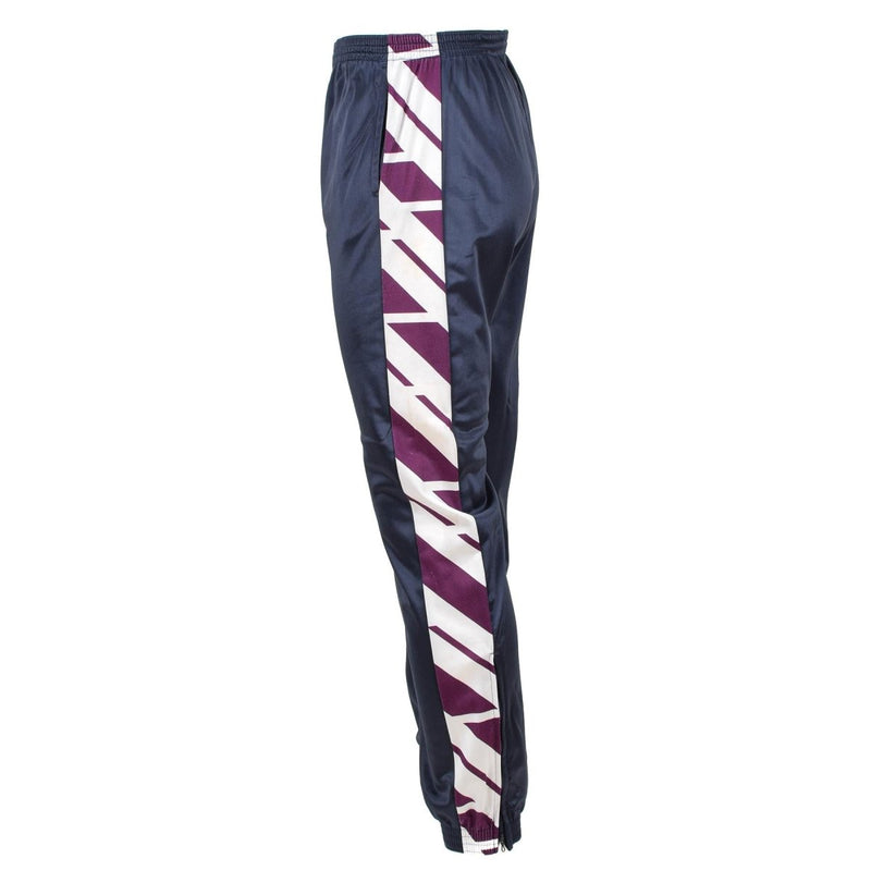 Navy blue retro French Military School sweatpants with white and maroon striped side detail and elastic waist and cuffs