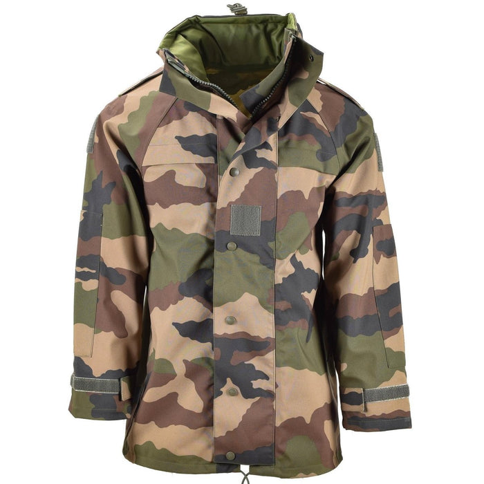 Giacca antipioggia da campo in trilaminato impermeabile militare francese autentico con motivo mimetico CCE e gomiti rinforzati.