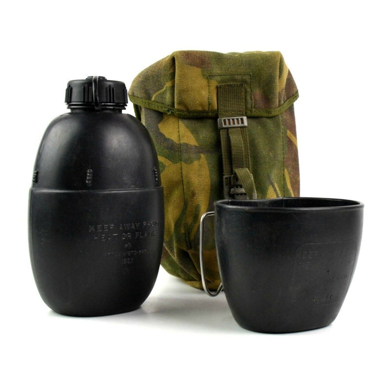 Original British army canteen with black water bottle, mug, and woodland camo pouch for outdoor hiking and camping use.
