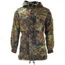 Original German army Flecktarn camo field jacket parka with hood, liner, multiple pockets, and adjustable fit.