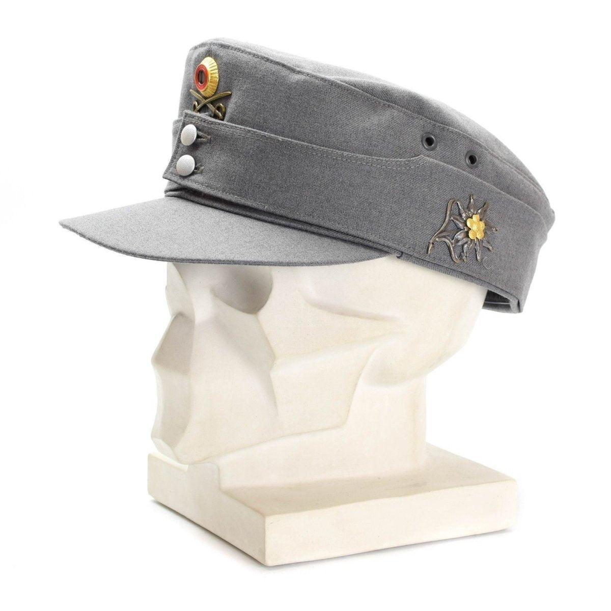Original Erizzino tedesco Cap di montagna militare Gebirgsjäger grigio con badge floreale