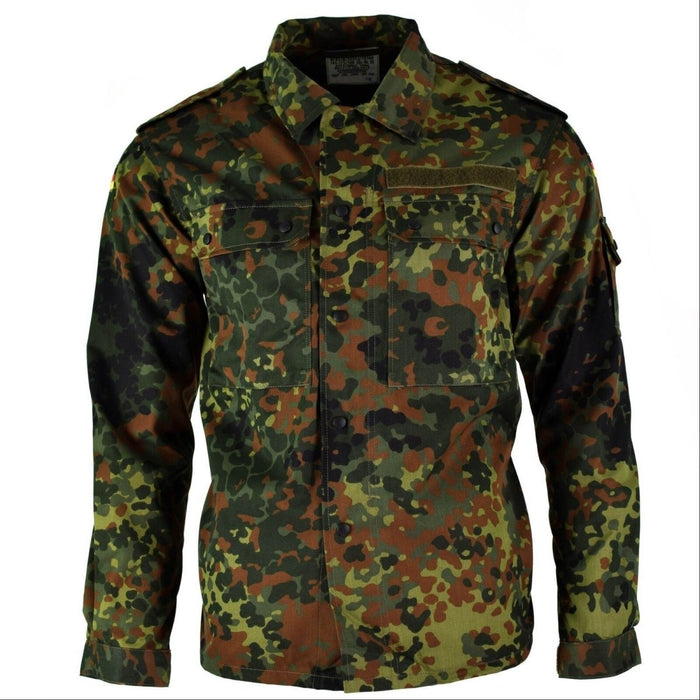 Camicia da combattimento tattica mimetica flecktarn originale dell'esercito tedesco con cerniera, tasche sul petto e sulle braccia, spalline e polsini regolabili