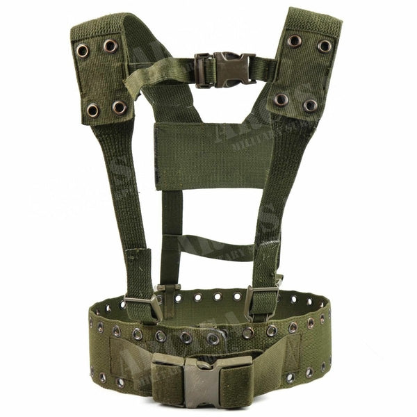 Original German army webbing rig system two-piece tactical belt Y-strap harness in olive canvas with metal eyelets and adjustable straps