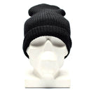 Vintage black German army winter beanie with windproof lining, knitted for warmth and style on a white mannequin head.