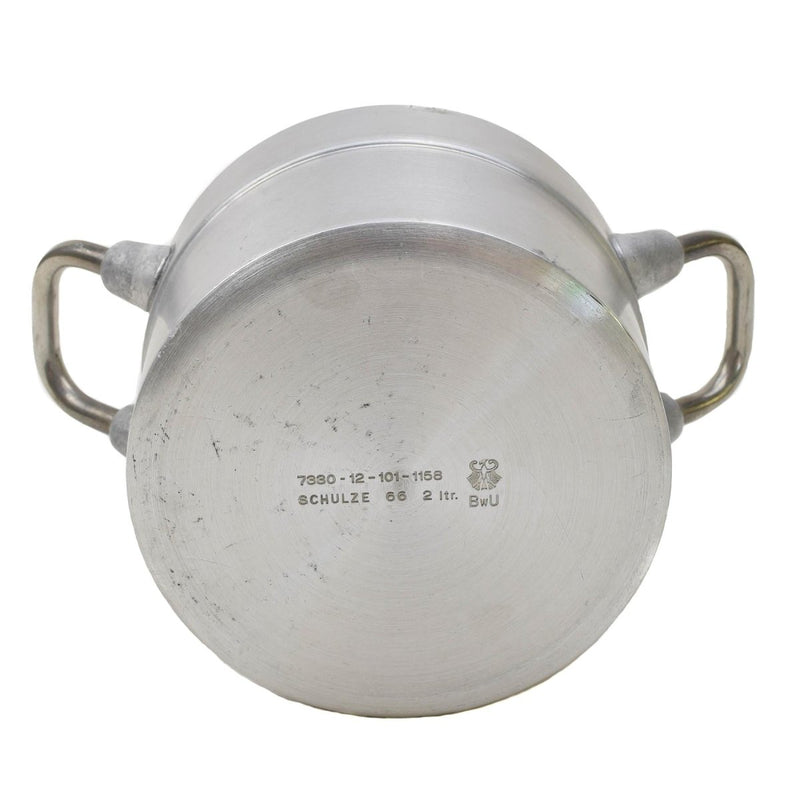 Bottom view of original German military aluminum 2 liters pot with handles for hiking and camping use