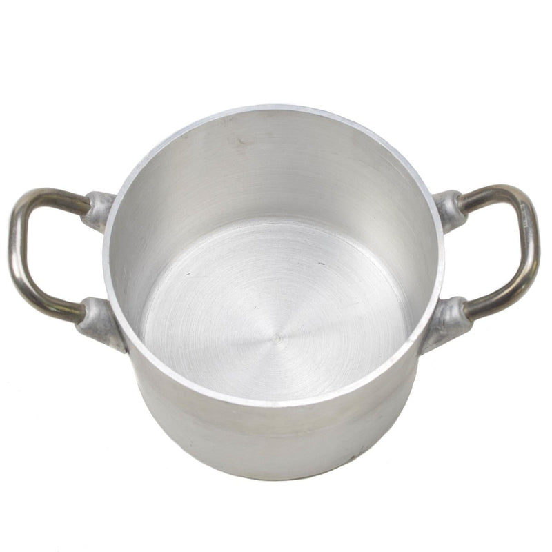 German military aluminum 2-liter camping pot with handles, durable and lightweight for hiking and outdoor cooking.