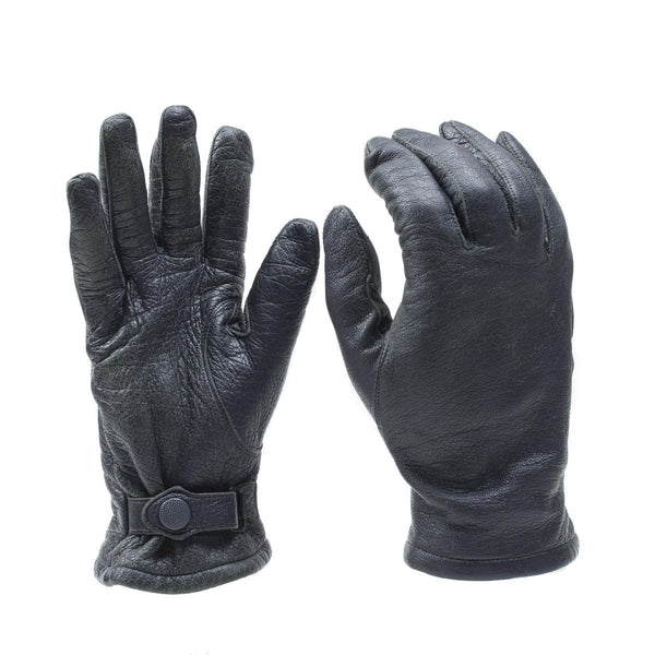 Black German military leather gloves with adjustable wrist strap, durable and designed for outdoor use and style.