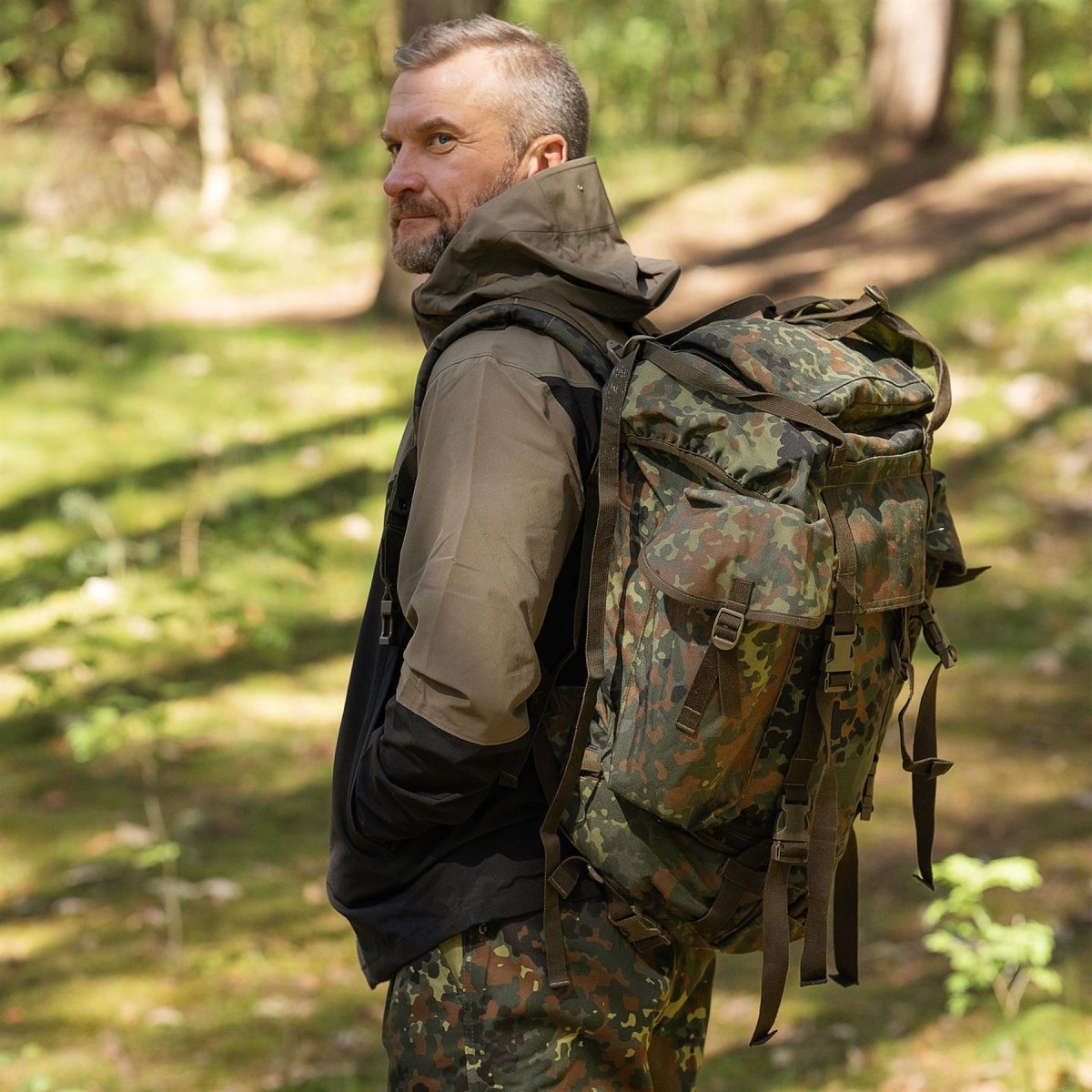 Zaino tattico militare tedesco originale 65L di zaino da combattimento Flecktarn camo