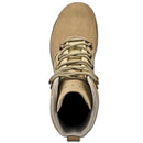 Top view of a khaki German military tactical waterproof boot with rubber round sole and lace closure