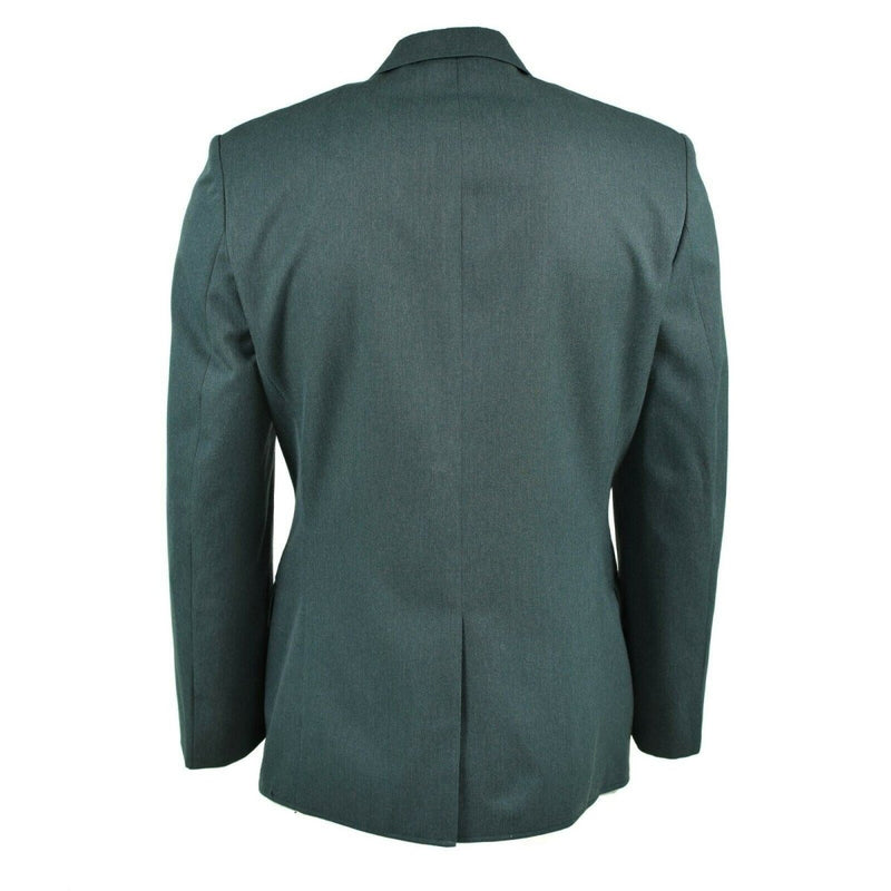 Back view of original green German police dress jacket with formal cut and long sleeves, new condition