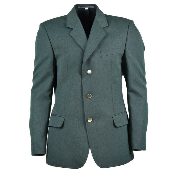Giacca originale della polizia tedesca in verde con bottoni argentati, tasche multiple e una comoda fodera per uso formale.