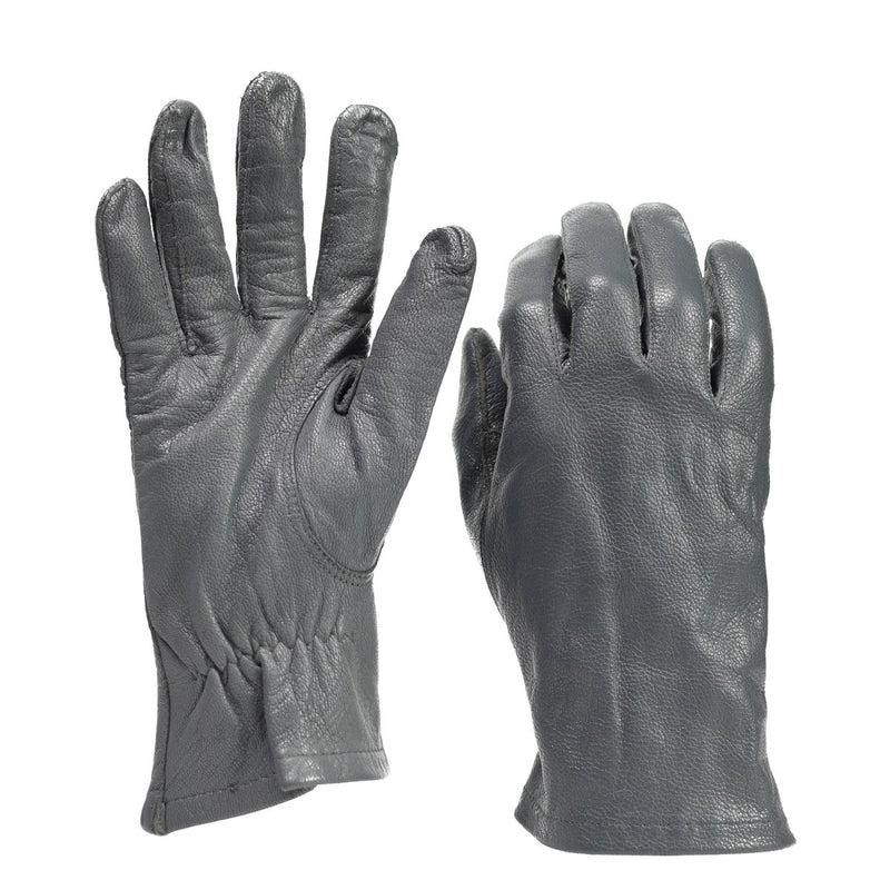 Pair of gray original German Army leather tactical gloves with a durable, vintage military surplus design.