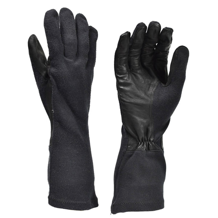 Guanti tattici resistenti al calore in aramide nera originali dell'esercito tedesco con palmi in pelle e protezione estesa dell'avambraccio